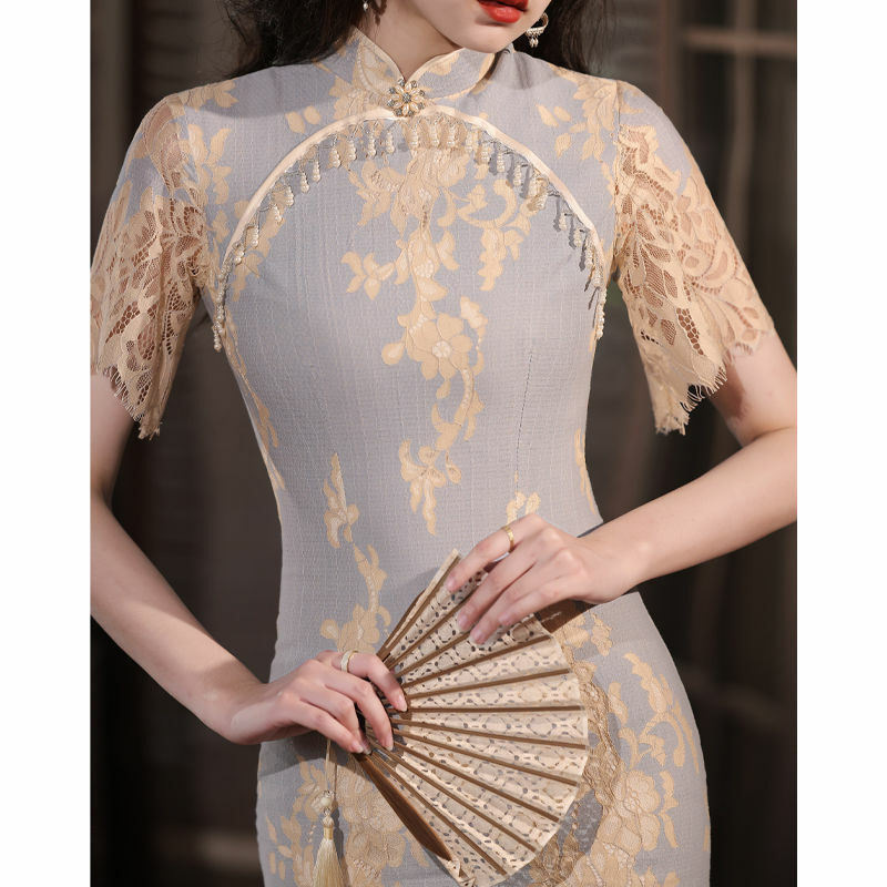 2022 Retro sukienka Cheongsam Qipao chiński klasyczny kobiet Qipao elegancka koszulka z krótkim rękawem sukienka Vintage łączenie koronkowe codziennie sukienka haftowana
