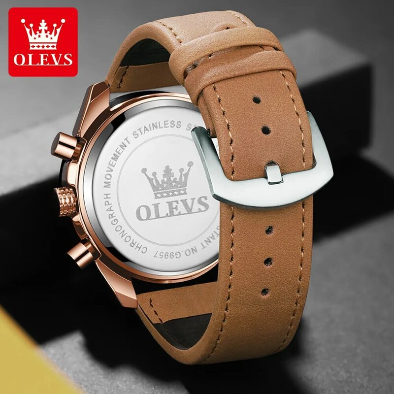 OLEVS-Montre à quartz chronographe étanche pour homme, montres-bracelets en cuir, calendrier, phase de lune, marque supérieure, mode de luxe