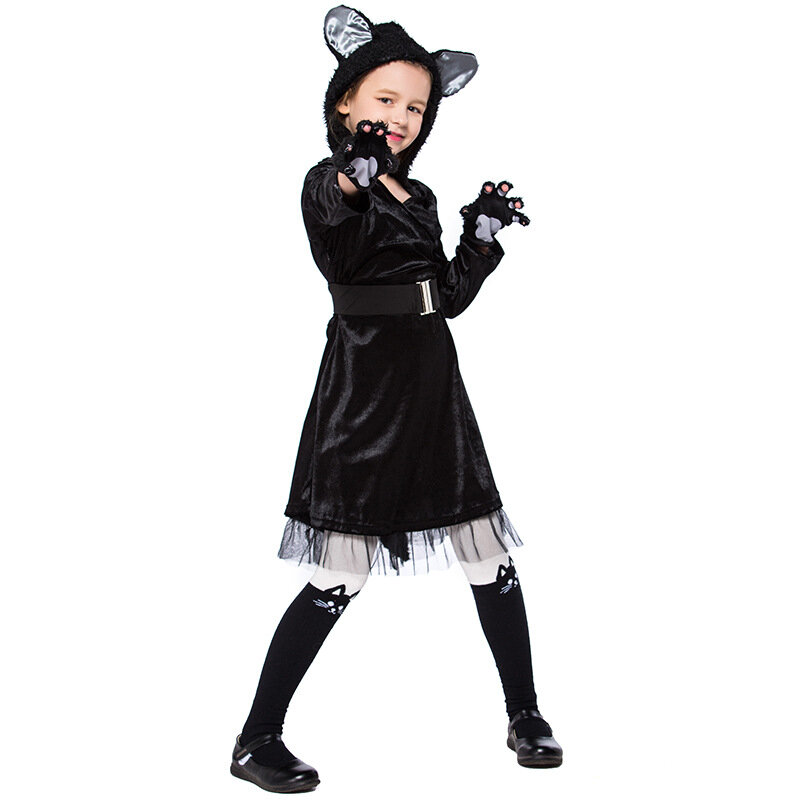 Black Cat Cosplay Costumes para meninas, Masquerade Party Costume, Crianças