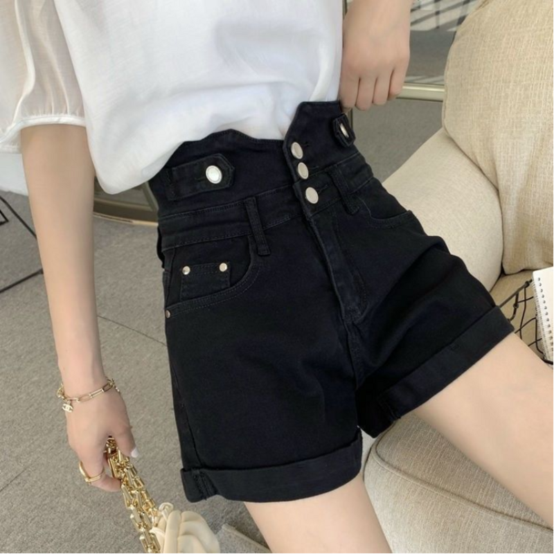 Celana pendek Denim wanita, celana pendek Denim pinggang tinggi ukuran besar untuk wanita, celana panas A-line ramping modis Korea musim panas baru 2023