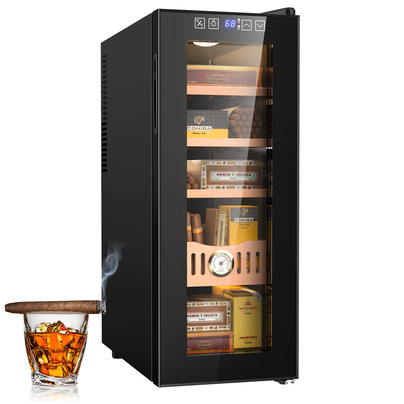 Refrigerador elétrico do armário para Bar e Casa, feito com cedro espanhol, prateleiras de madeira e gaveta, função de refrigeração higrômetro, 250 contagens, 35L