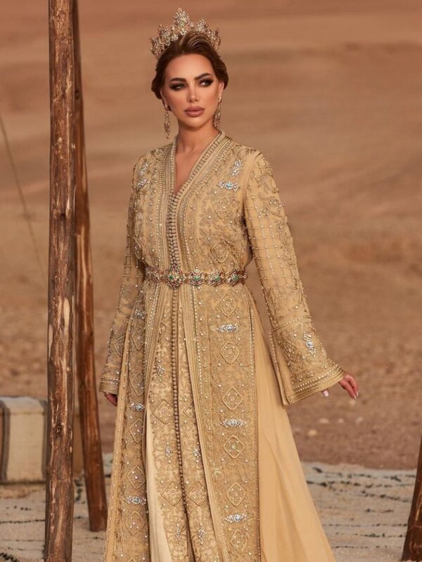 Moroccan Takshita A-line Evening Dresses 2024 Abaya V-neck Appliques Bridal Dress Caftan Beaded Crystals Gown Robe De Mariée