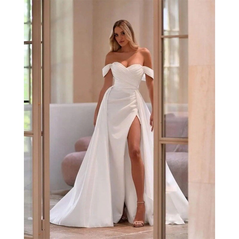 Wakuta Long Off Shoulder Prom Dresses for Women Satin Ruched Evening Gowns vestidos formales vestidos de coquetel with Slit