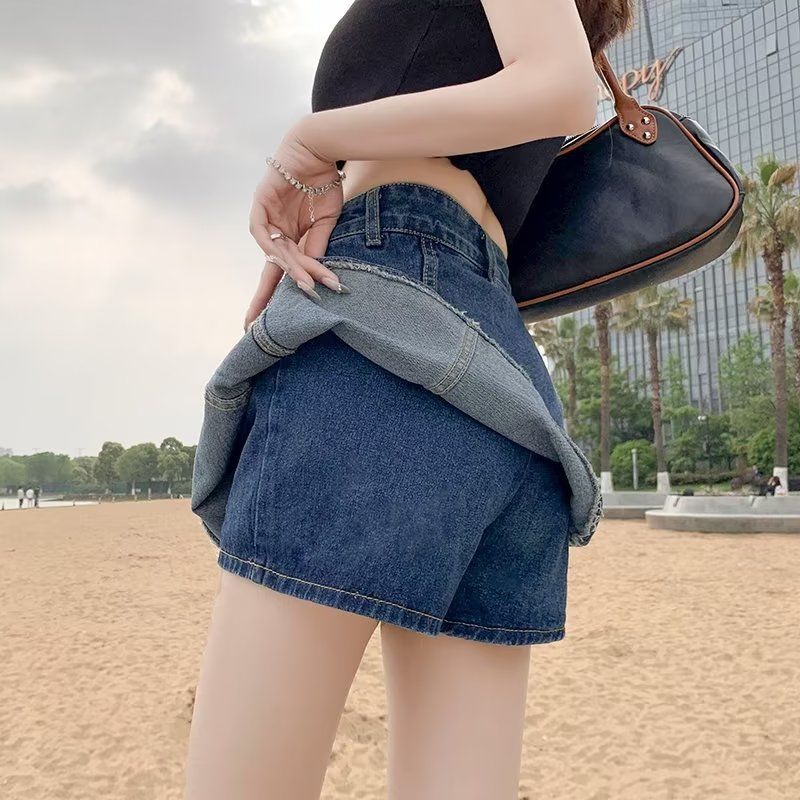 Denim Shorts Women's Korean Version High-waisted Slim Small Women Hakama Ruffles A-line Jean Pants High Street Trend Culottes