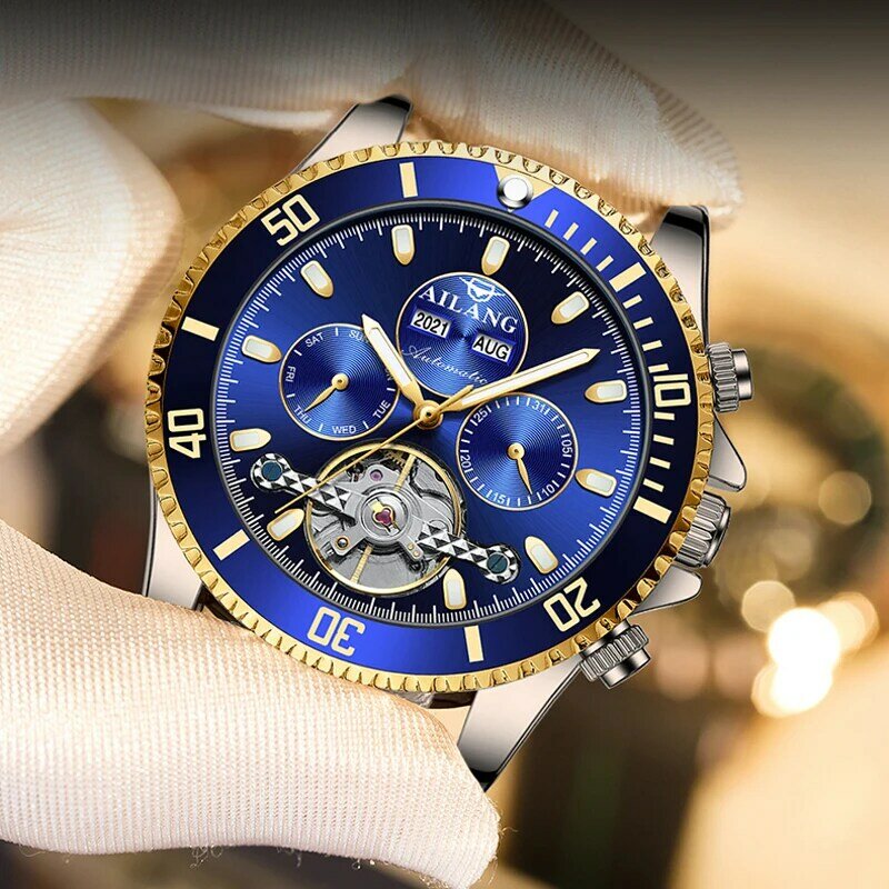 Ailang นาฬิกาแฟชั่น Tourbillon Skeleton, นาฬิกากลไกอัตโนมัติสายสแตนเลสนาฬิกานาฬิกาข้อมือสำหรับผู้ชายหรูหรากันน้ำเรืองแสง