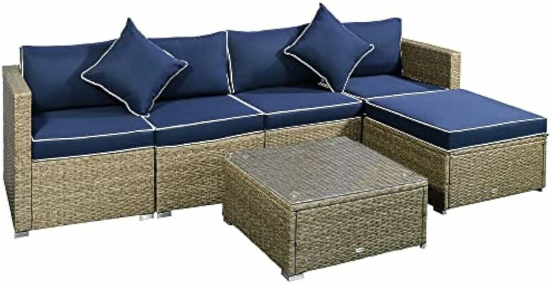 6 buah Set furnitur teras luar ruangan percakapan anyaman Set semua cuaca PE rotan Set Sofa dengan Ottoman