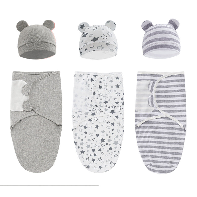 Ajustável bebê recém-nascido Swaddle cobertor e chapéu conjunto, 100% algodão, envoltório infantil, 0-6 meses