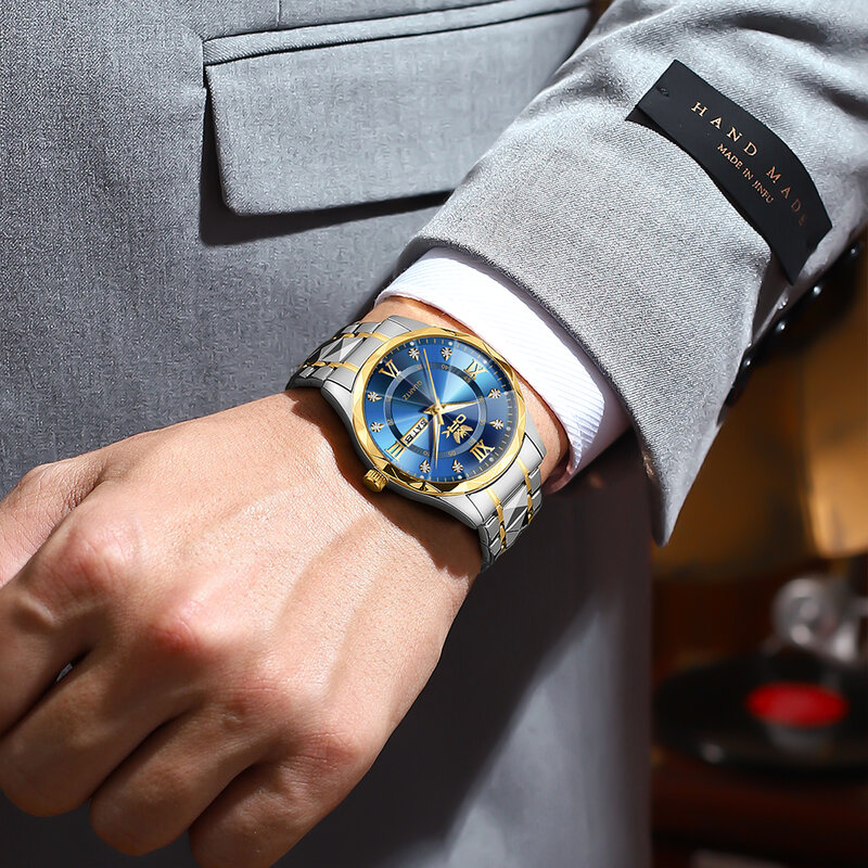 OLEVS jam tangan klasik kuarsa untuk pria, arloji merek OPK tahan air bercahaya dengan desain modis eksklusif untuk pria