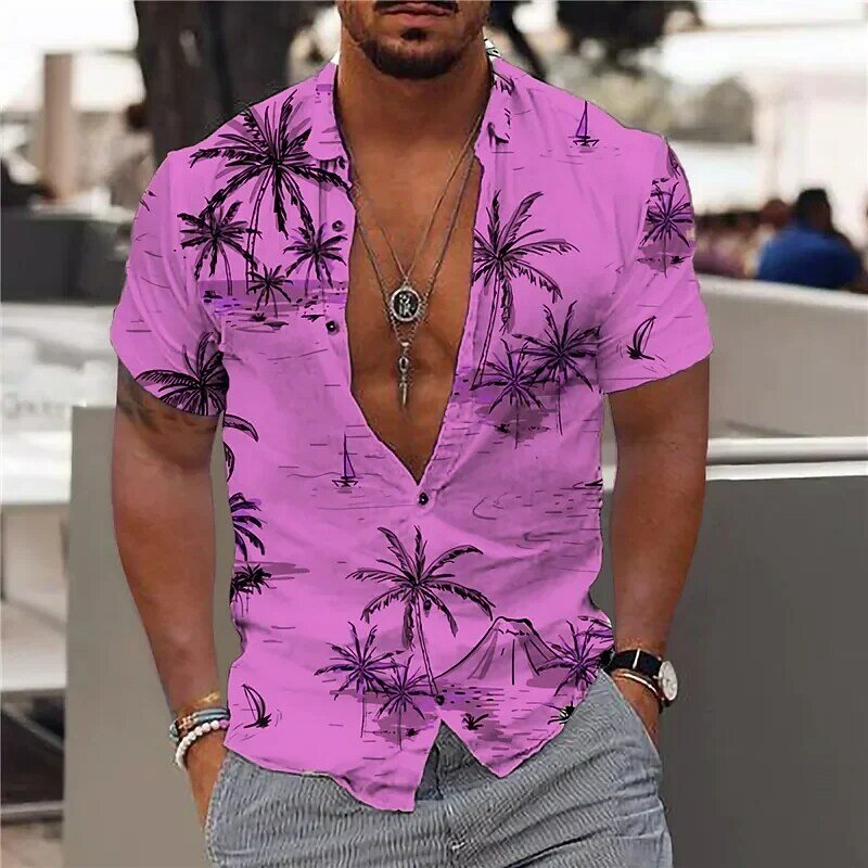 Camiseta Hawaiana de manga corta para hombre, camisa con estampado 3D de árbol de coco, a la moda, novedad de 2024