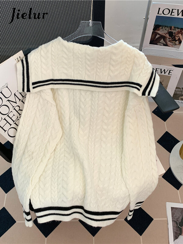 Jielur Autumn Winter Beige Sweater Women Cashmere Retro Harajuku College Student Sweaters Twist Knit Top Woman Pullover Girls