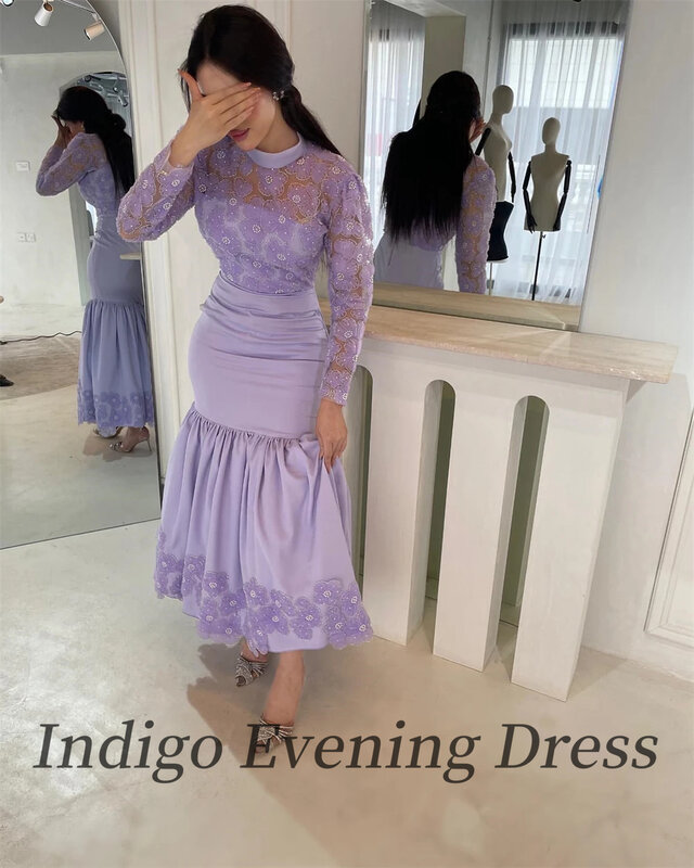 Indaco abiti da ballo viola di alta qualità squisito fiore sirena perline abito da cerimonia in raso 2024 robes de soirée saudita