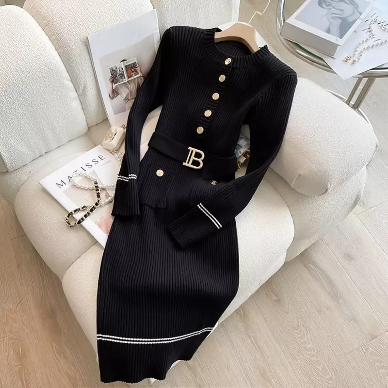 2024 New Autumn Winter Women Knitted Dress Brand Fashion O-neck Buttons Bodycon Sweater Dress with Belt Lady Office Dress