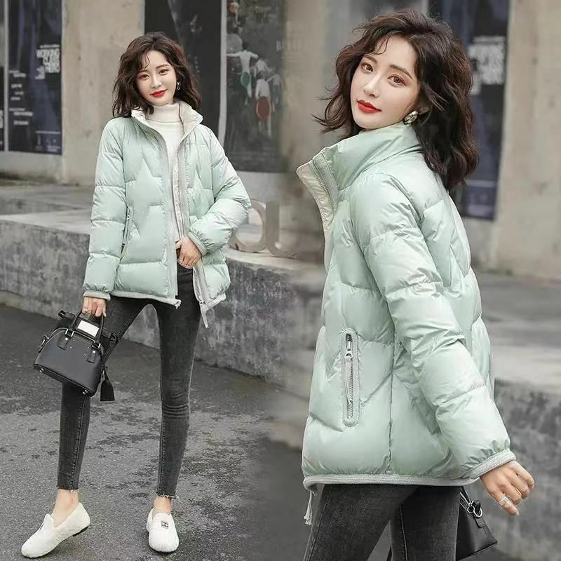 Manteau à col montant en coton brillant pour femme, poches en duvet, style court, velours optique, tendance coréenne, garder au chaud