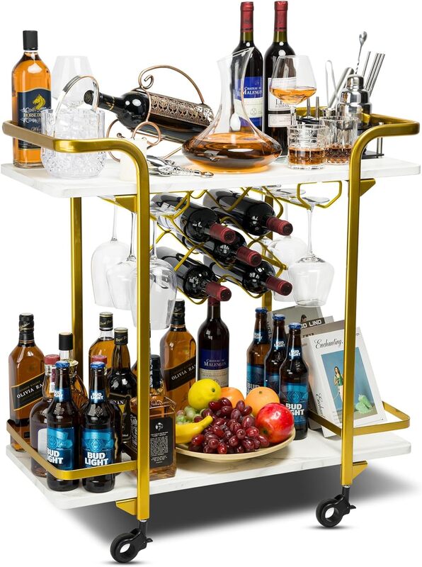 2-poziomowe wózek barowy półki z 8 stojakami na wino i 4 rzędami szklanych uchwytów, biały wózek na półki na napoje koktajlowe z 4 zamykanymi kołami