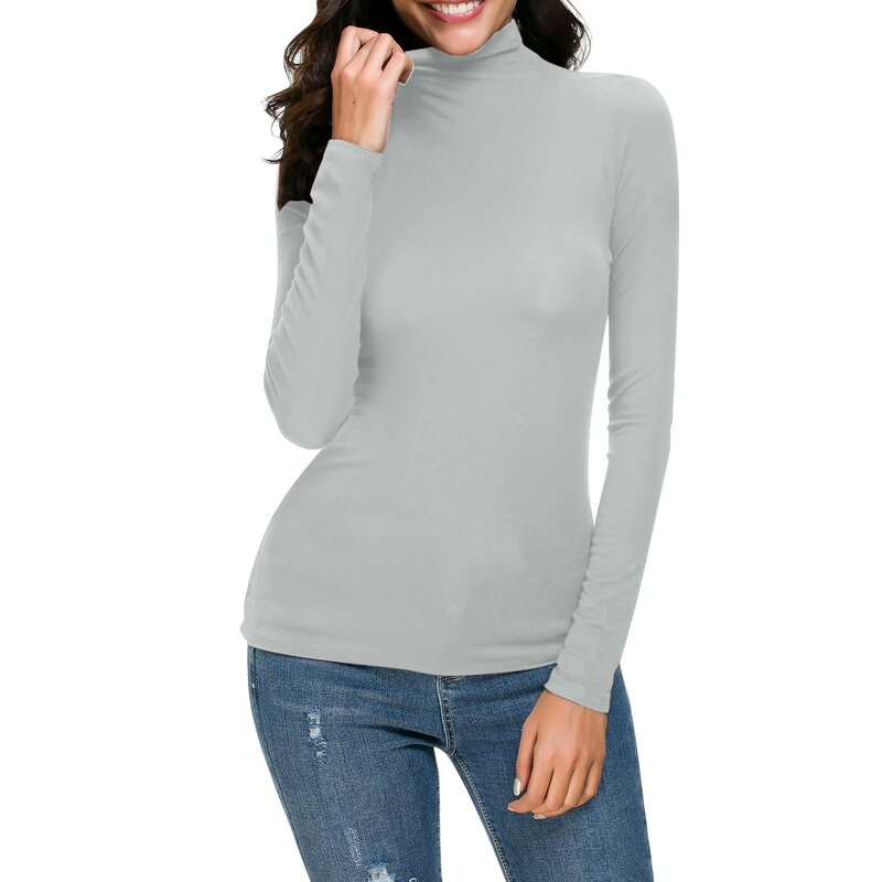Blusa de cuello alto de manga larga para mujer, camisetas ajustadas de capa elástica, color liso, a la moda