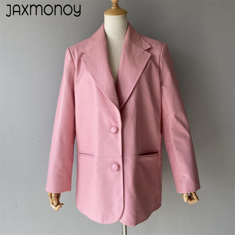 Женская кожаная куртка Jaxmonoy, новинка весны 2023, Стильное женское однобортное пальто из натуральной кожи, женское осеннее пальто