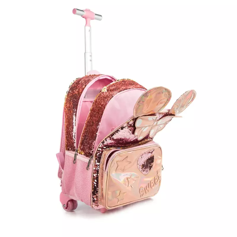 Sacos escolares de desenhos animados de lantejoulas para meninas, carrinho na bagagem para crianças, saco de rodas para mochila, bonito, 16 ", 3 peças