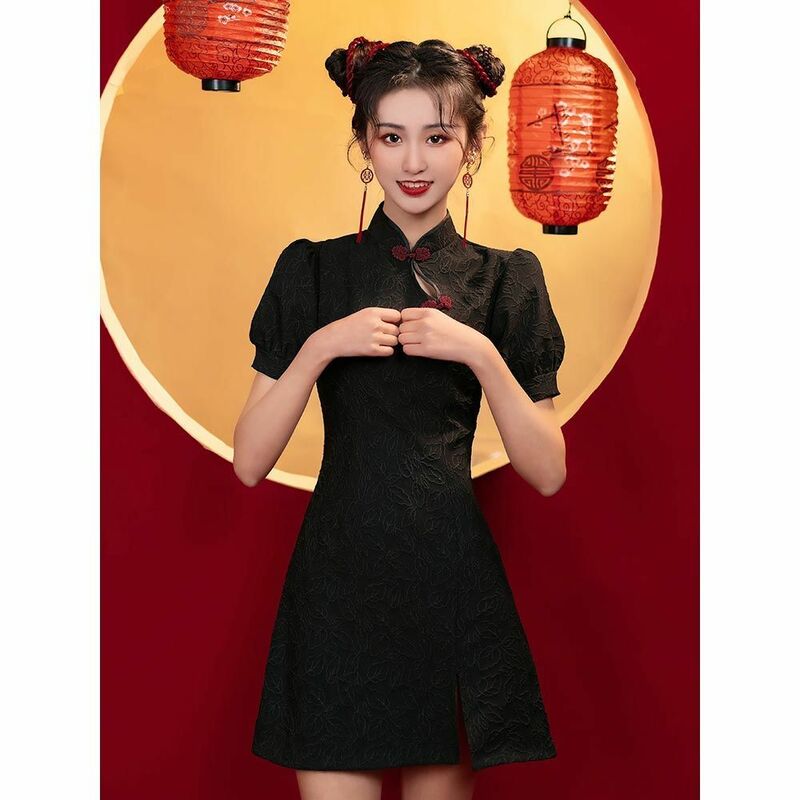 Cheongsam-vestido de verano para chica joven, traje de alta gama, estilo chino y negro, novedad de 2022