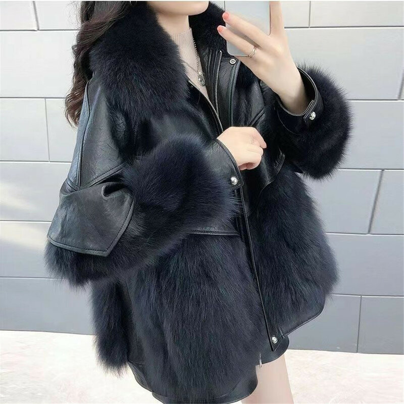 Women'S PU Leather Loose Coat, Faux Fox Hair, Splice, Mid-Length, Thickened, Warm, Fashion, New, Winter, 2024