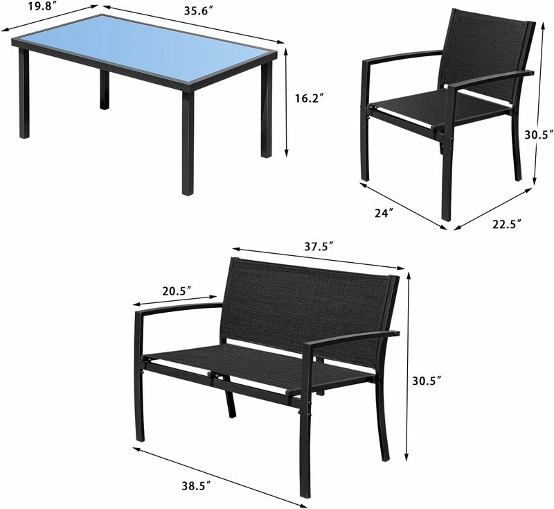 Набор мебели для внутреннего дворика из 4 предметов, уличные садовые наборы для разговоров, стулья для газона у бассейна со стеклянным кофейным столиком