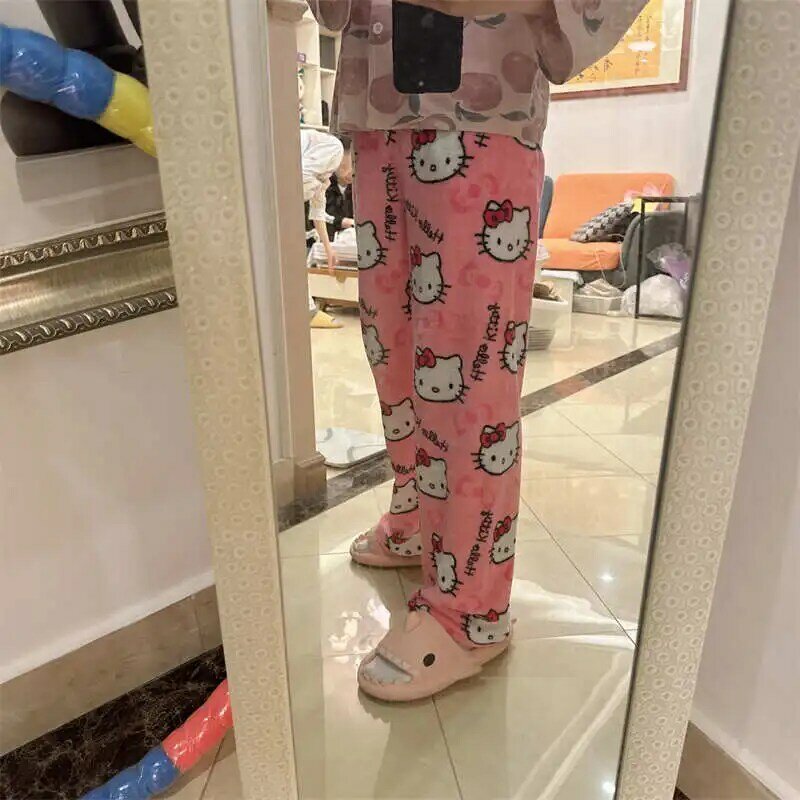 Kawaii celana piyama Hello Kitty ukuran besar Sanrio bulu domba kain elastis ganda celana panjang lembut celana panjang wanita hadiah kartun 2024