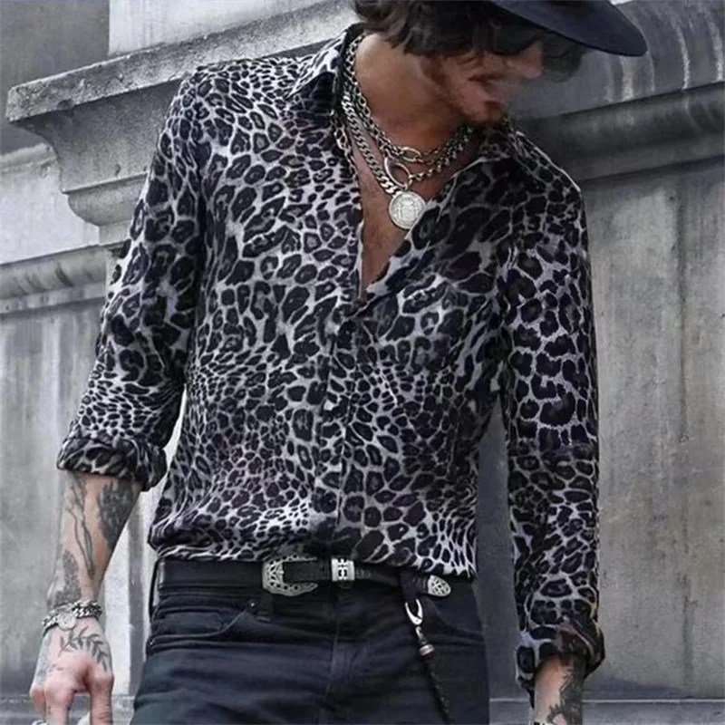 Мужская мягкая рубашка с длинным рукавом, Повседневная Уличная рубашка с 3D леопардовым принтом и пуговицами, с откидным воротником, 2024