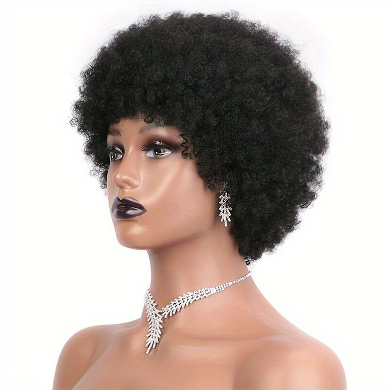 Perruques de cheveux humains bouclés crépus avec frange pour femmes, coupe Pixie courte brune, perruques afro à la machine
