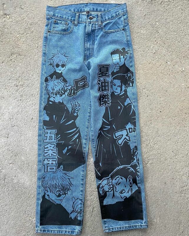 Jeans kaki lebar motif Anime, CELANA Jin Y2K untuk pria wanita pinggang tinggi gaya Jepang baru