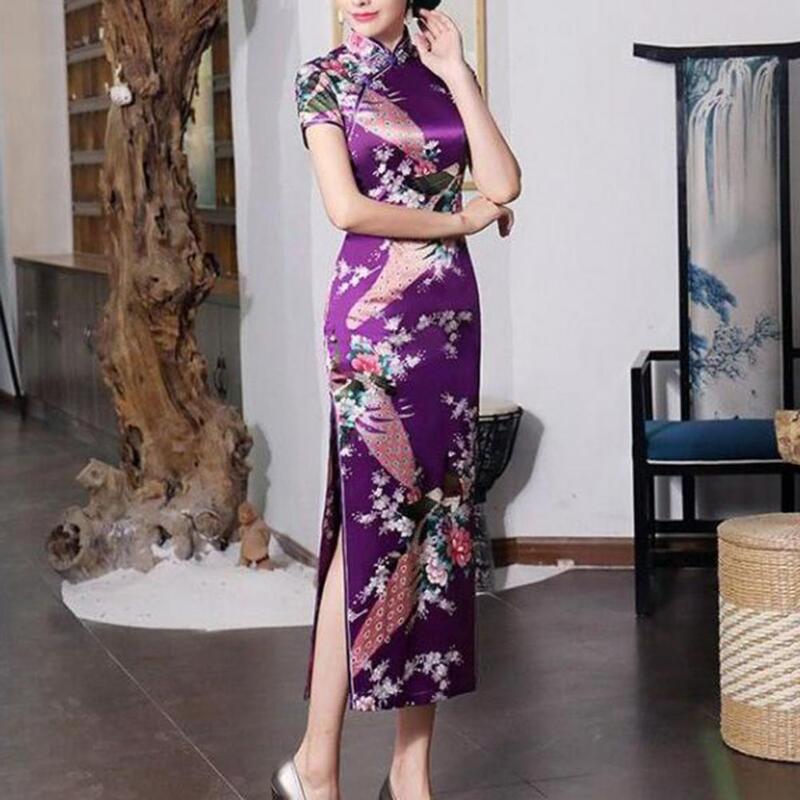 Gaun Cheongsam Satin wanita, baju Cheongsam tradisional Cina nasional cetak bunga Qipao lengan pendek Retro