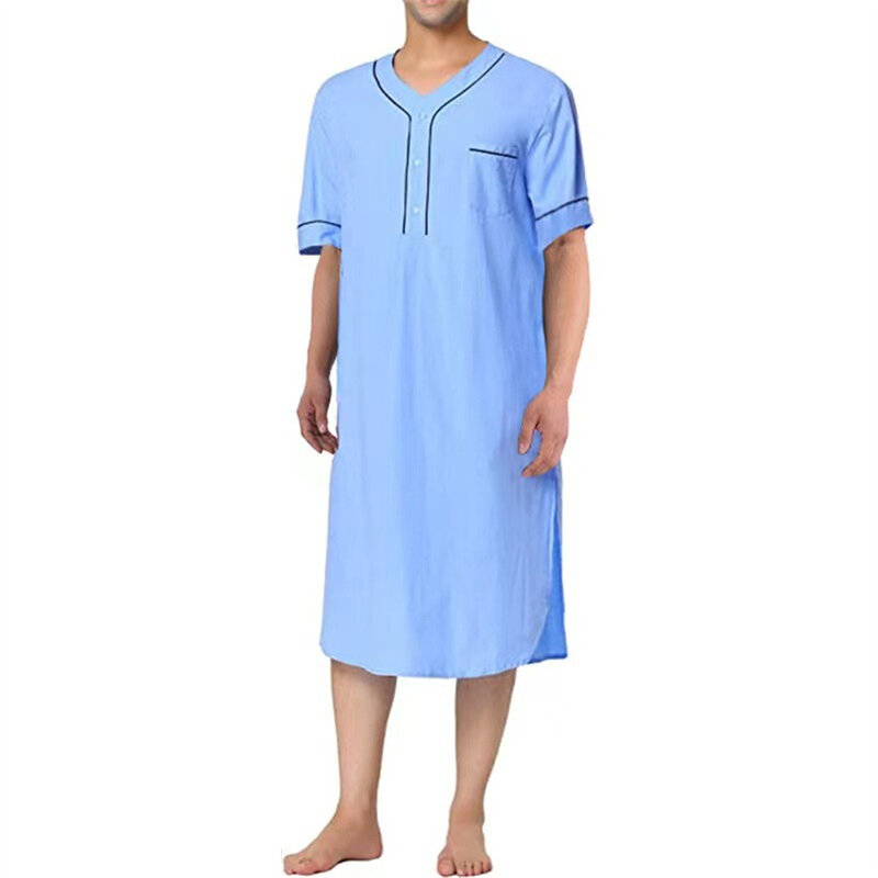 Abaya gaun malam lengan pendek kerah V pria gaun malam warna polos longgar pakaian rumahan gaun Muslim musim panas