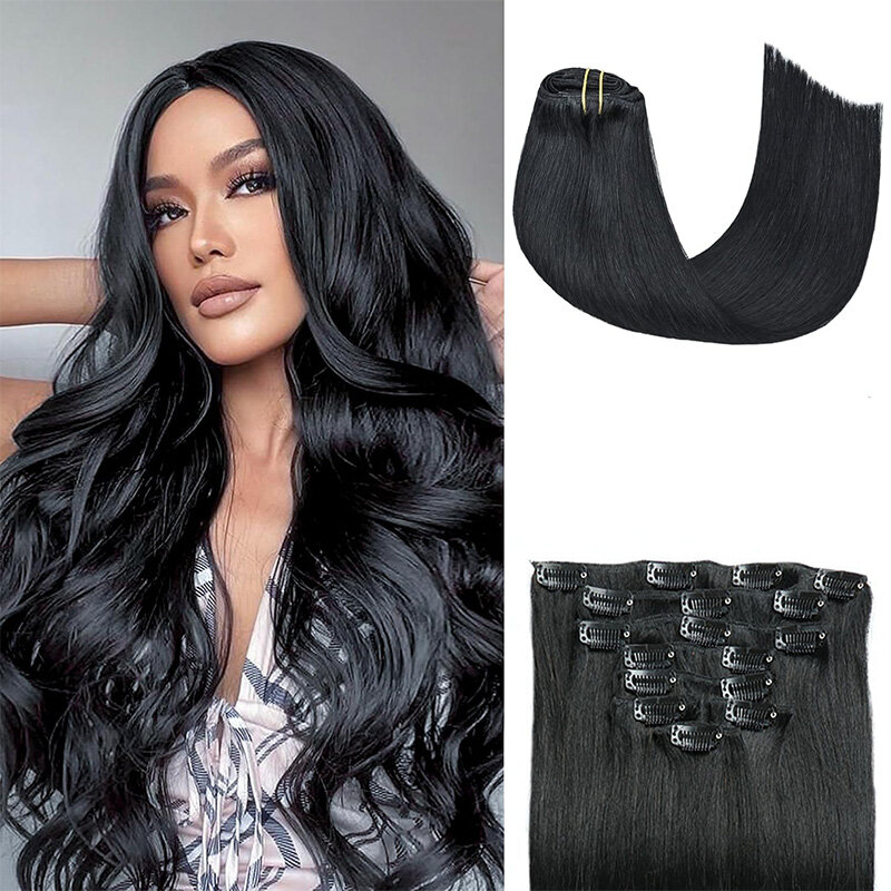 Straight Clip in Hair Extensions Human Hair 8pcs Per Set with 17Clips Double Weft Clip in Human Hair Extensions Jet Black 1#