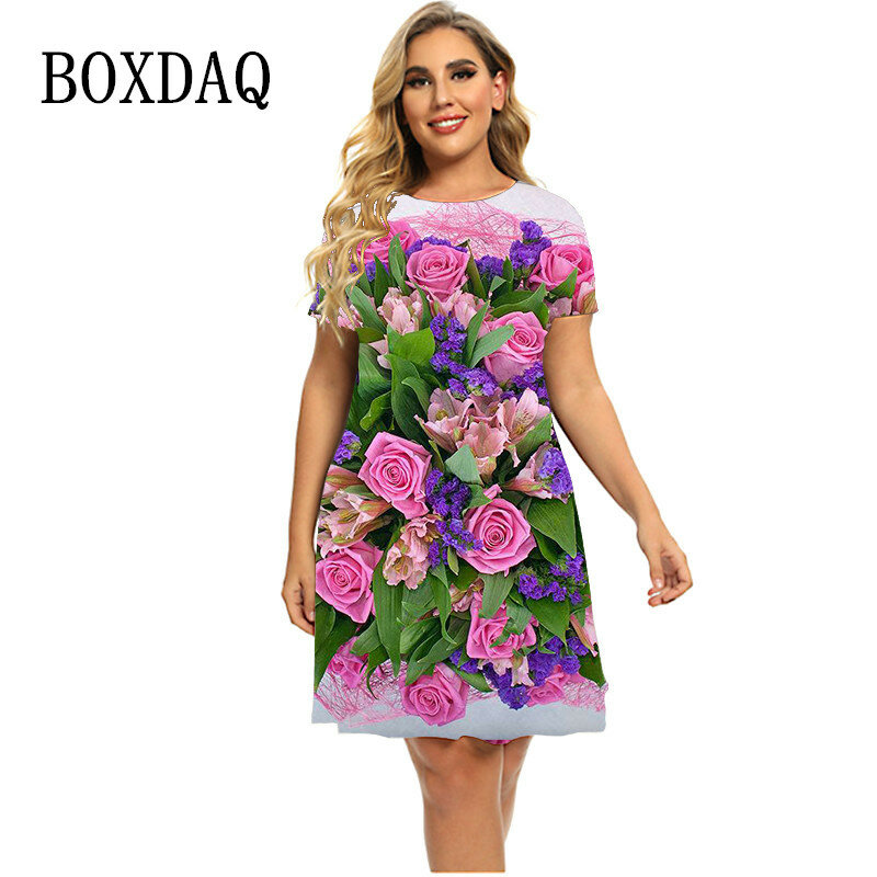 Robes à imprimé floral rose 3D pour femmes, thème de fleurs d'été, robe à manches courtes, Streetwear, vêtements grande taille, mode 2023