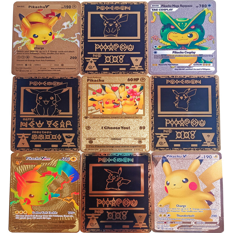 Cartas de hierro de Pokémon para niños, 1 piezas, Pikachu de Metal, diferentes estilos, Pikachu, letras brillantes, juego de Pokémon, Colección, juguetes, regalo