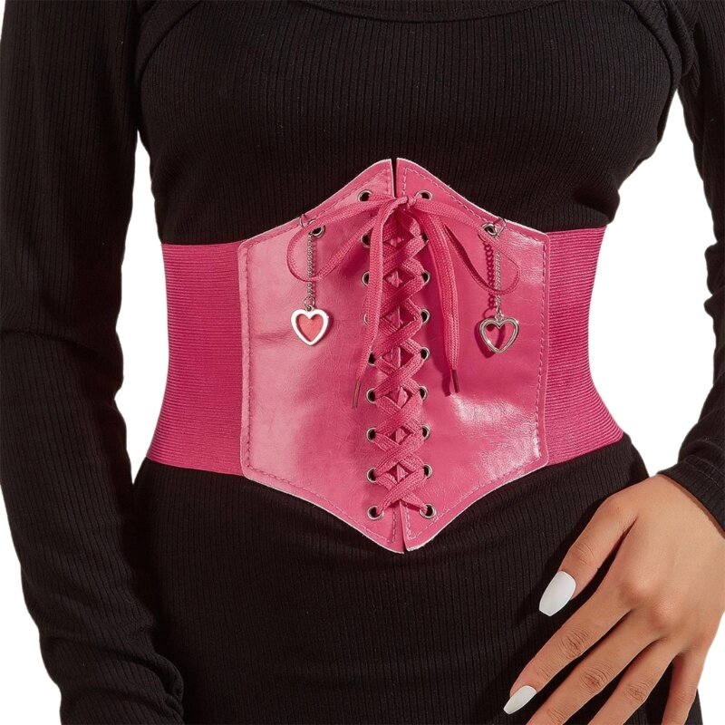 Women Stretchable Waist Belt Versatile Pink Corset Universal Elastic Rope Decorative Corset with Heart Chain Pendant