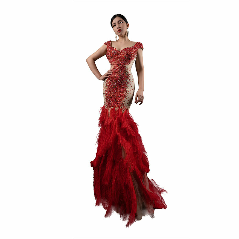 Красное вечернее платье на заказ, роскошные банкетки Ручной Работы Из Страусиных волос, элегантное платье с коротким рукавом, высокое качество 998