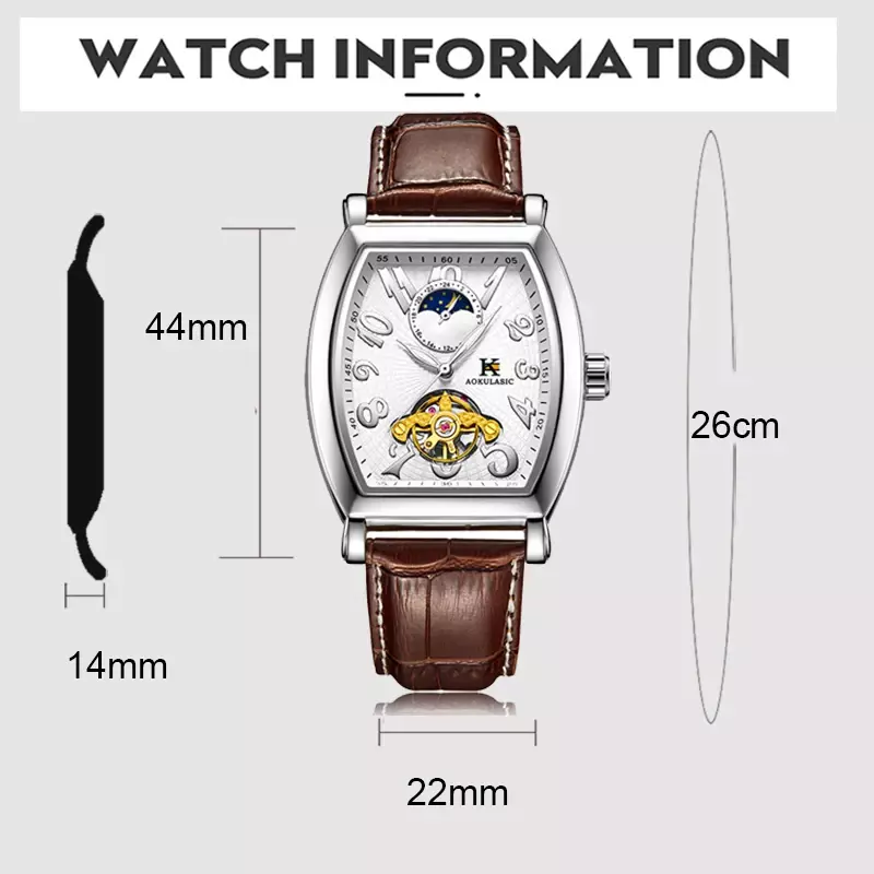 AOKULASIC Automatic Mechanical Watch Men Gold Tonneau Tourbillon Watches Moon Phase Genuine Leather Strap Clock Male Wristwatch