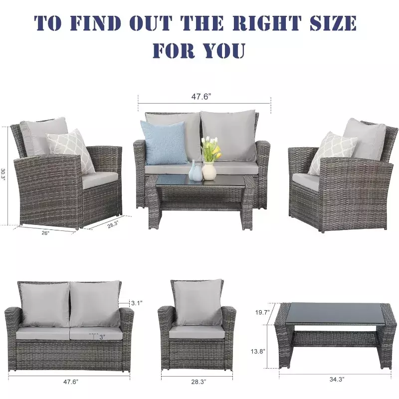 Ensemble de meubles d'extérieur en rotin gris/marron, 4 pièces, pour la véranda, chaise et canapé avec coussin