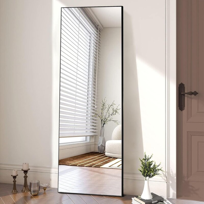 Corpo inteiro espelho com suporte, pendurado ou parede inclinada, alumínio moldura fina, chão em pé, sala de estar, preto, 64 "x 21"