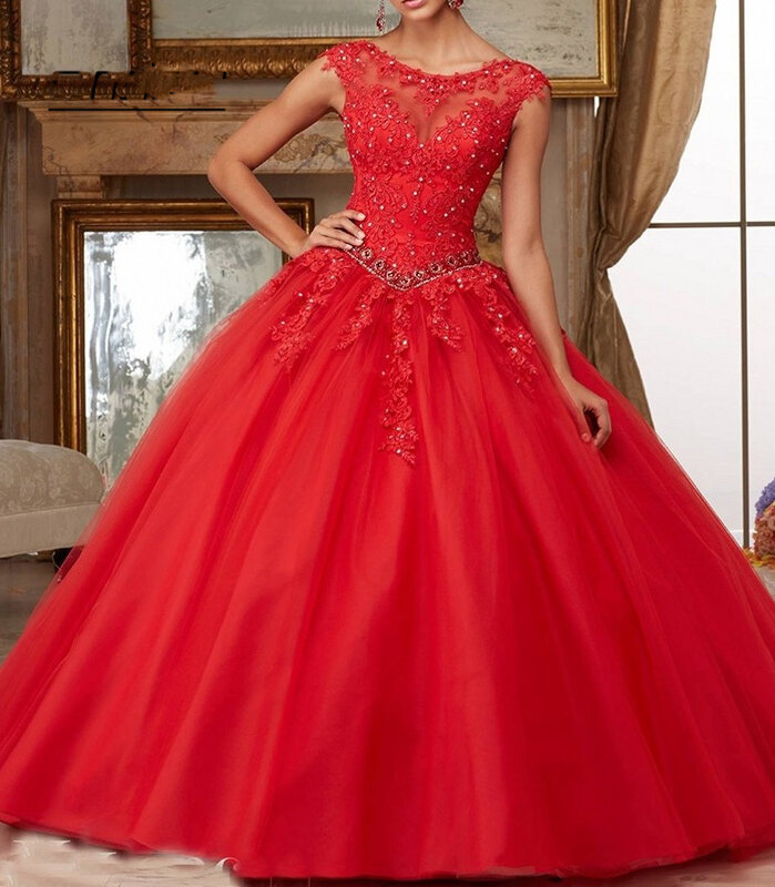 Quinceanera Dresses Appliques Beads Scoop Neck Ball Gowns Sparkly Sweet 16 Year Princess Dresses For 15 Years