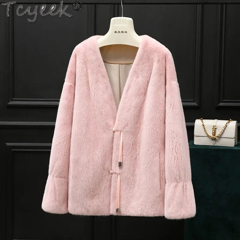 Tcyeek-abrigo de piel de visón Natural para mujer, chaqueta elegante y cálida con cuello en V, ropa de invierno