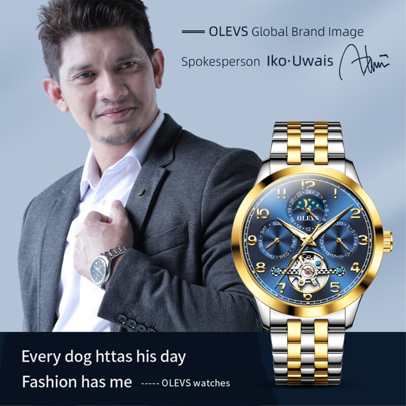 OLEVS-reloj mecánico de moda, pulsera de acero inoxidable, esfera redonda, calendario de visualización semanal, regalo, 7018