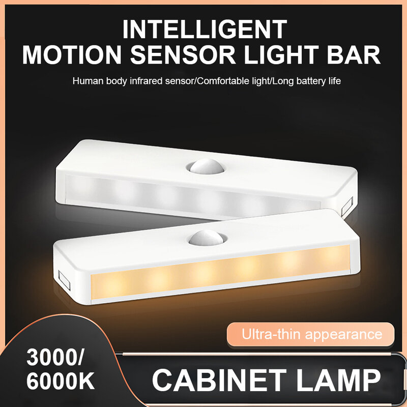 Motion Sensor LED Cabinet Light, USB recarregável, Night Lamp for Kitchen Cabinet, Wardrobe Lamp, Staircase Backlight, Aisle Light, 2pcs