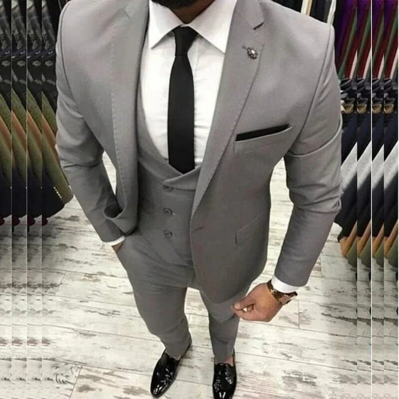 Elegant Grey Blazer Men's Suits Notched Lapel Single Breasted Smart Casual Elegant 3 Piece Jacket Pants Vest Formal Set