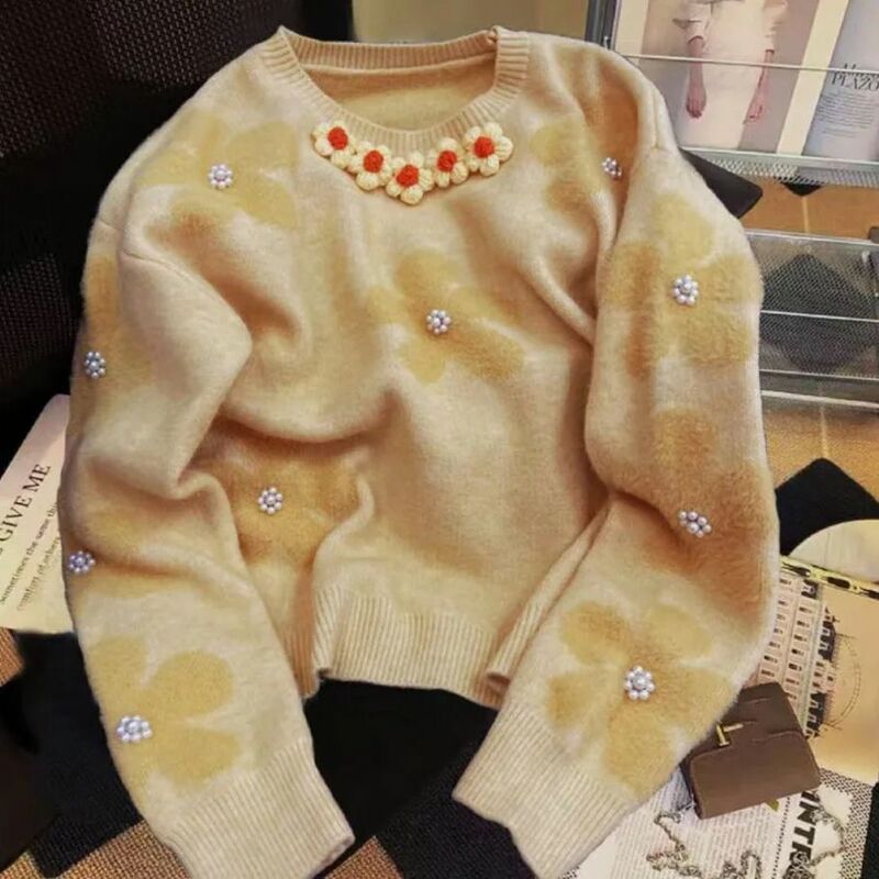Sweet Gradient Color maglione donna autunno inverno manica lunga o-collo 3D lavorato a maglia Flower Design Fashion Beading Soft Texture Top