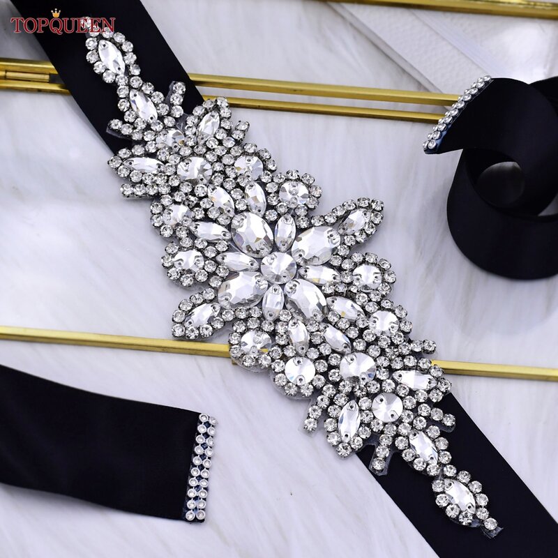TOPQUEEN-cinturones de boda S01 para mujer, fajas de diamantes de imitación plateadas de lujo para vestido, accesorios femeninos, cinturón de lentejuelas para dama de honor