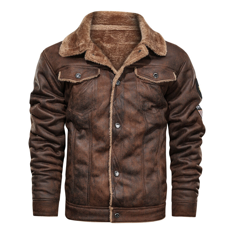Autunno inverno cappotto uomo giacca Vintage Solid Turn-Down Collar Outdoor Training camoscio tasca con Zip collo in pile di agnello giacca calda