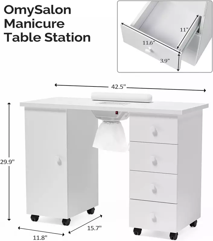 Manicure Desk para Nail Tech, Nail Table, Estação do salão de beleza com ventilação elétrica DownDraft, Rodas bloqueáveis