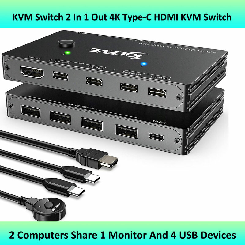 Suporte a switch KVM tipo C, 2 em 1 saída, 4K, 60Hz, USB, carregamento PD para 2 computadores, compartilhamento de 1 monitor e 4 dispositivos USB
