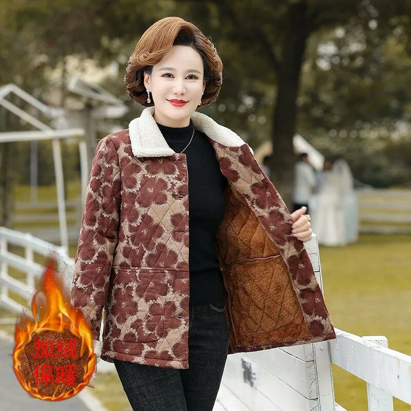 2023 New Middle-Aged Mother's Winter Clothes Add Velvet Cotton Ladies Jacket Keep Warm 50-Year-Old 60-Year-Old Women's Coat