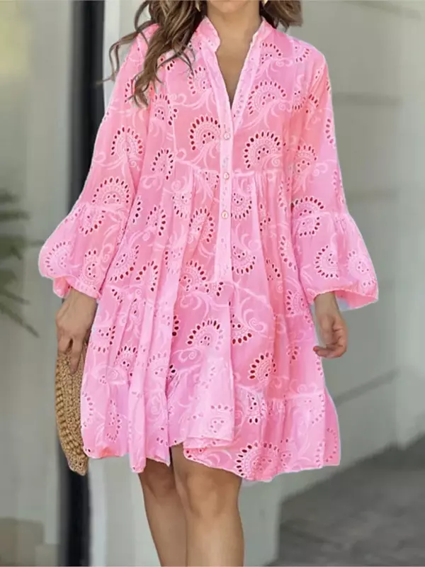 Vestido corto holgado de encaje con agujeros para mujer, minivestido Vintage elegante con cuello en V, bordado, para playa, verano, 2024